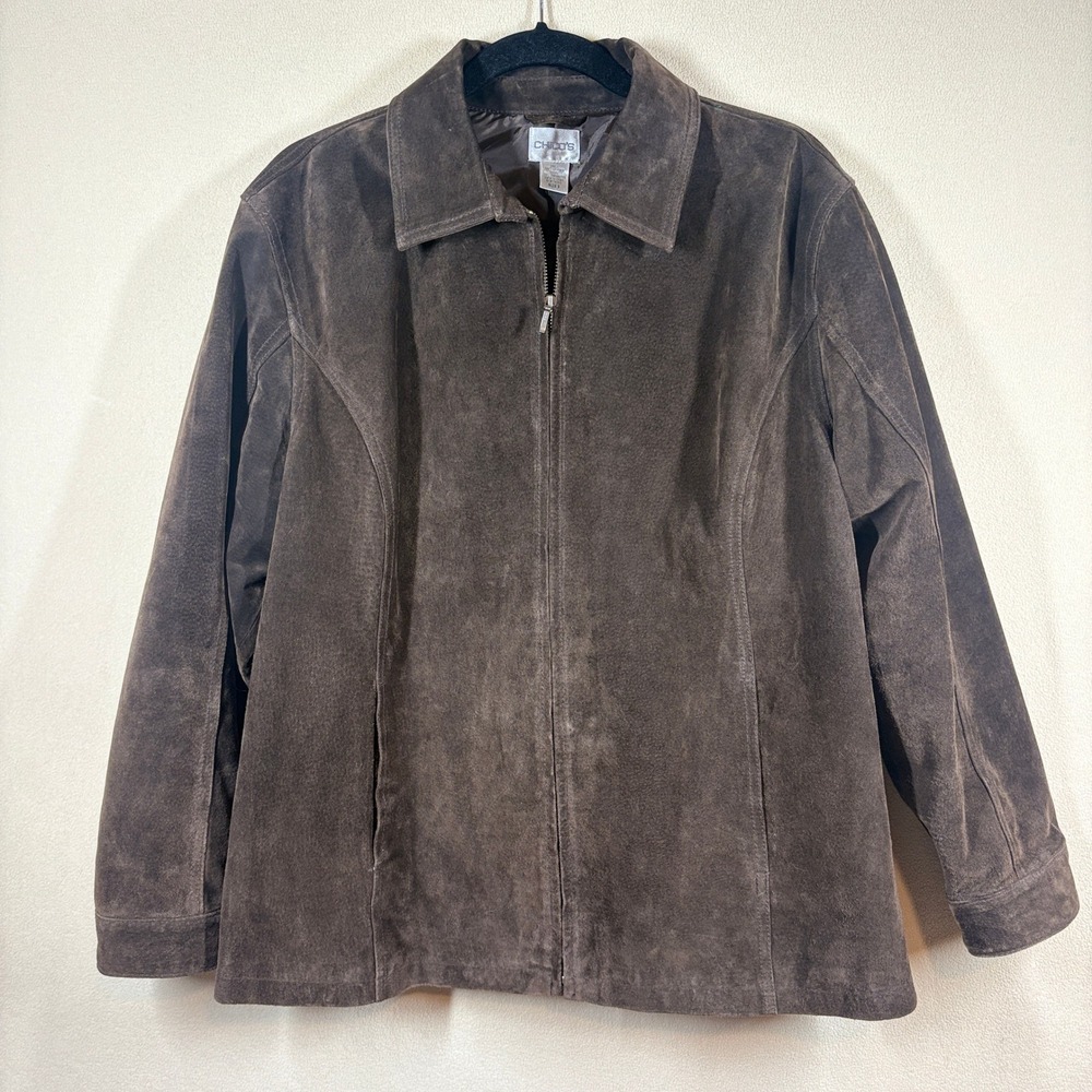 Chico's Chocolate Brown Suede Leather Jacket Womens 3 (XL-16) Zip Classic Fall